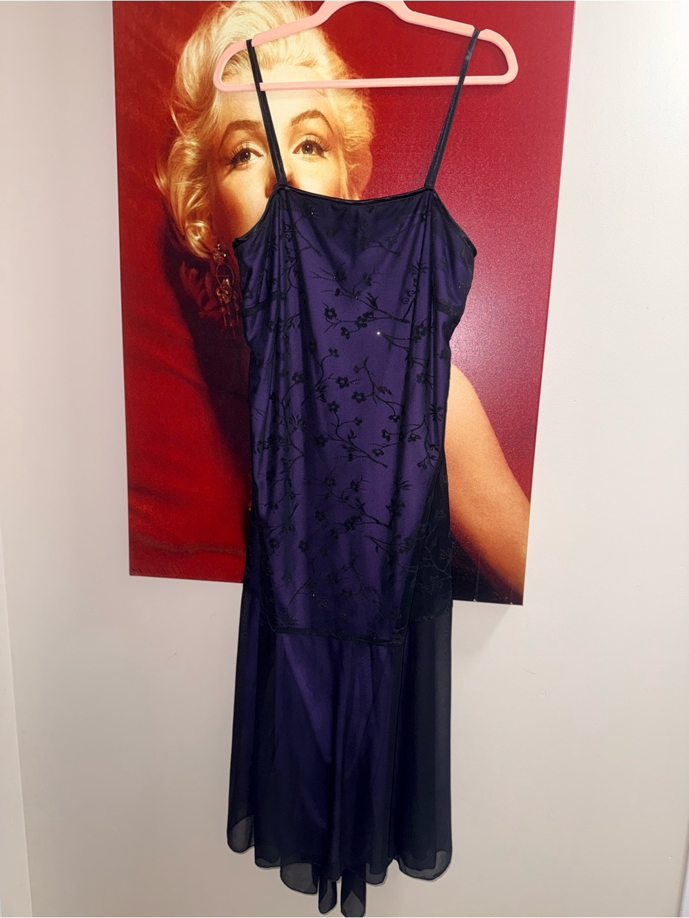 Elegant Purple Slip Dress with Sheer Sparkly Embellishment Overlay